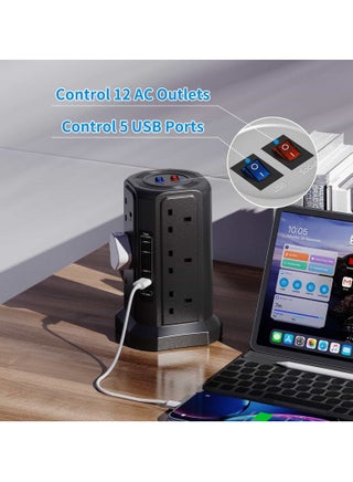 سلك تمديد برجي مع فتحات USB وشاحن سريع USB C بقدرة 18 واط (5 فولت/3.1 أمبير)، سلك تمديد برجي بمقبس 12 اتجاه، سلك تمديد محمي من زيادة التيار مع مفتاح، مقبس متعدد المقابس، كابل تمديد 1.8 متر - view 5