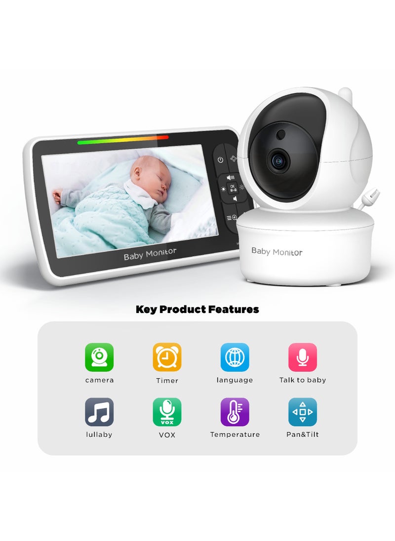 Generic - 5.0" Baby Monitor with Two-Way Talk, Night Vision, Temperature Display & Alarm, ECO Mode, 3000mAh Battery, Multi-Camera Expandable, Lullabies & Zoom Function - Image 1