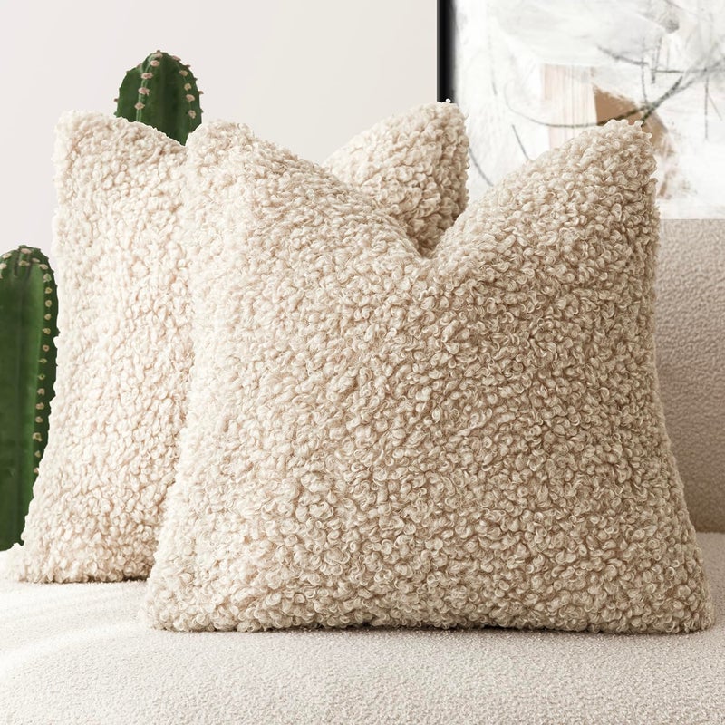Foindtower 2 Pieces Faux Fur Throw Pillow Cover Decorative Sherpa Pillow Fuzzy Accent Pillowcases Soft Sheepskin Fleece Cushion Case for Bed Couch Living Room 18x18 Inch Oatmeal - Image 1