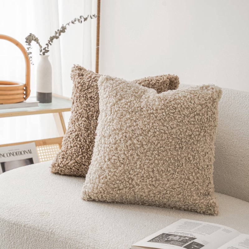 Foindtower 2 Pieces Faux Fur Throw Pillow Cover Decorative Sherpa Pillow Fuzzy Accent Pillowcases Soft Sheepskin Fleece Cushion Case for Bed Couch Living Room 18x18 Inch Oatmeal - Image 4