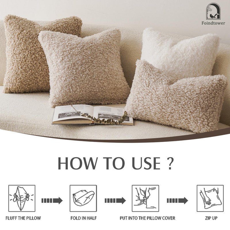 Foindtower 2 Pieces Faux Fur Throw Pillow Cover Decorative Sherpa Pillow Fuzzy Accent Pillowcases Soft Sheepskin Fleece Cushion Case for Bed Couch Living Room 18x18 Inch Oatmeal - Image 5