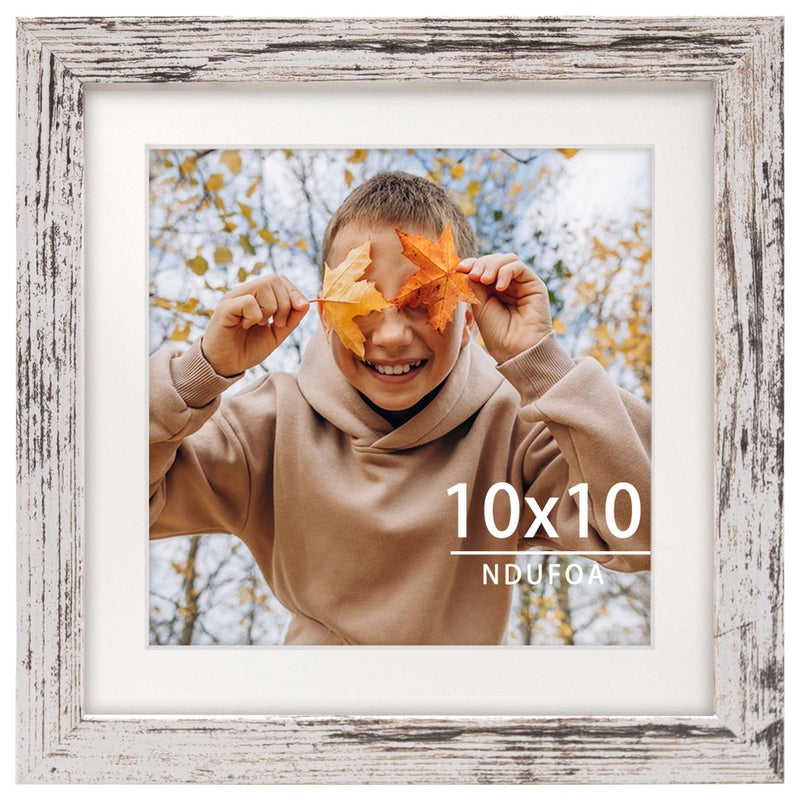 NDUFOA 10x10 Picture Frame  Display Photos 8x8 with Mat or 10x10 without Mat  Poster Frame for Wall and Tabletop  Distressed White - Image 1