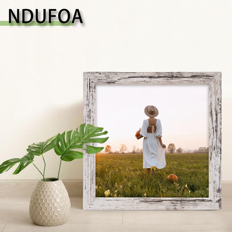 NDUFOA 10x10 Picture Frame  Display Photos 8x8 with Mat or 10x10 without Mat  Poster Frame for Wall and Tabletop  Distressed White - Image 3