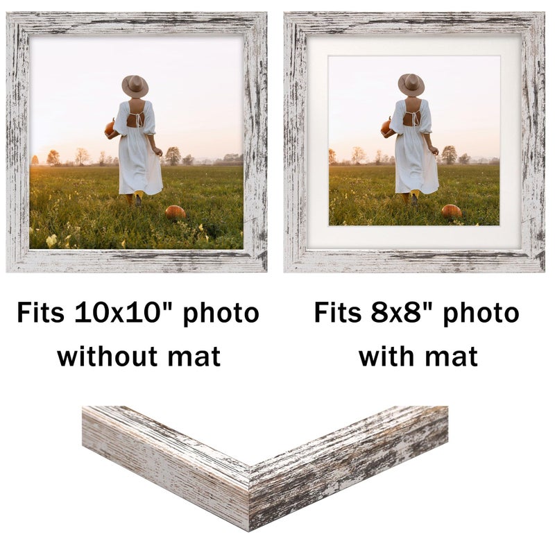 NDUFOA 10x10 Picture Frame  Display Photos 8x8 with Mat or 10x10 without Mat  Poster Frame for Wall and Tabletop  Distressed White - Image 2