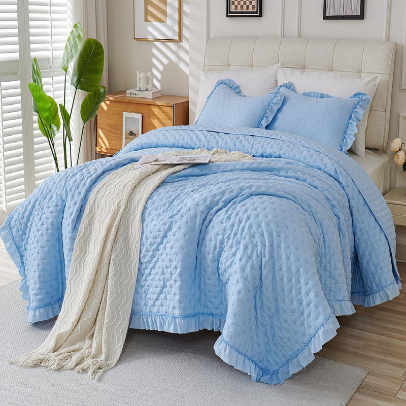 Cmfshape Ruffle Queen Comforter Set - Cute Frilly Bedding with Lace-Inspired Ruffle Hem, Soft Lightweight Bedspread & Scalloped Comforter for Bedroom or Guest Room - Image 1