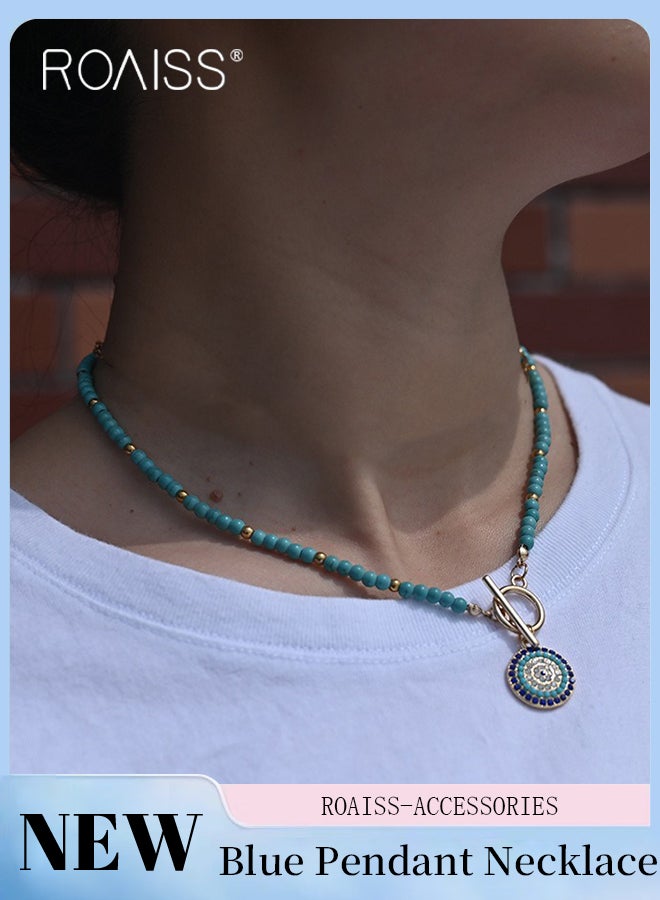 roaiss Blue Round Pendant Necklace, Fashionable Simple Beaded Clavicle Necklace, Suitable for Daily Casual Wear As A Gift for Men and Women - Image 1