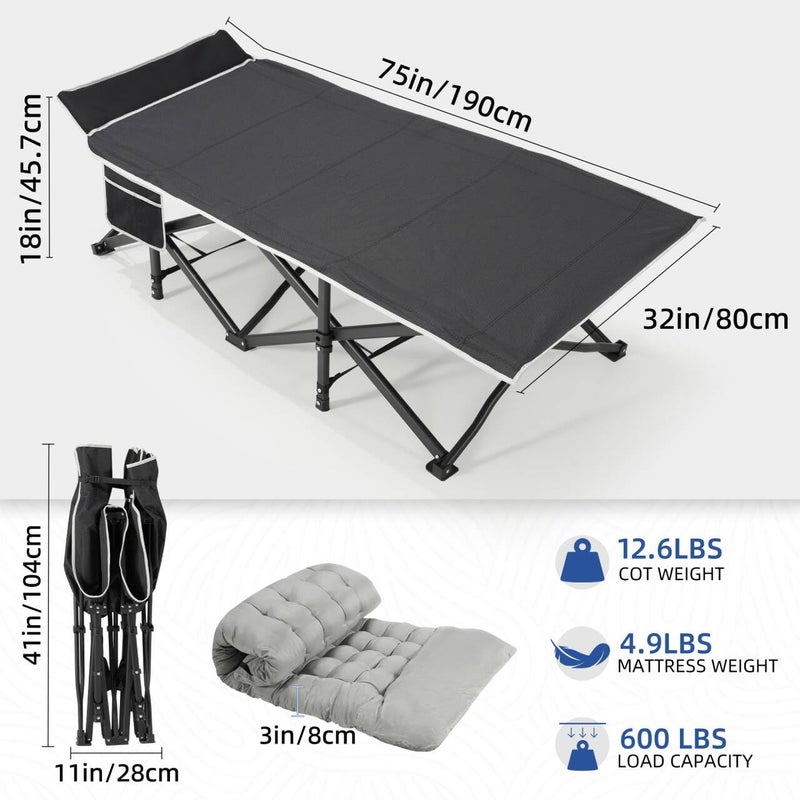 HABUTWAY Camping Cot with Mattress, 32" Extra Wide Camping Cots for Adults, Sleeping Cot for Adults Holds Up to 600LBS, Cots for Sleeping, Camp, Rv, Beach, Patio, Office Naps(Grey) - Image 4
