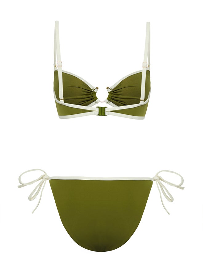 Khaki Strapless Contrast Colored Piping Accessory Regular Bikini Set