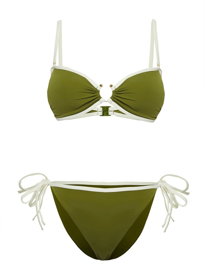 trendyol Khaki Strapless Contrast Colored Piping Accessory Regular Bikini Set  - Image 5