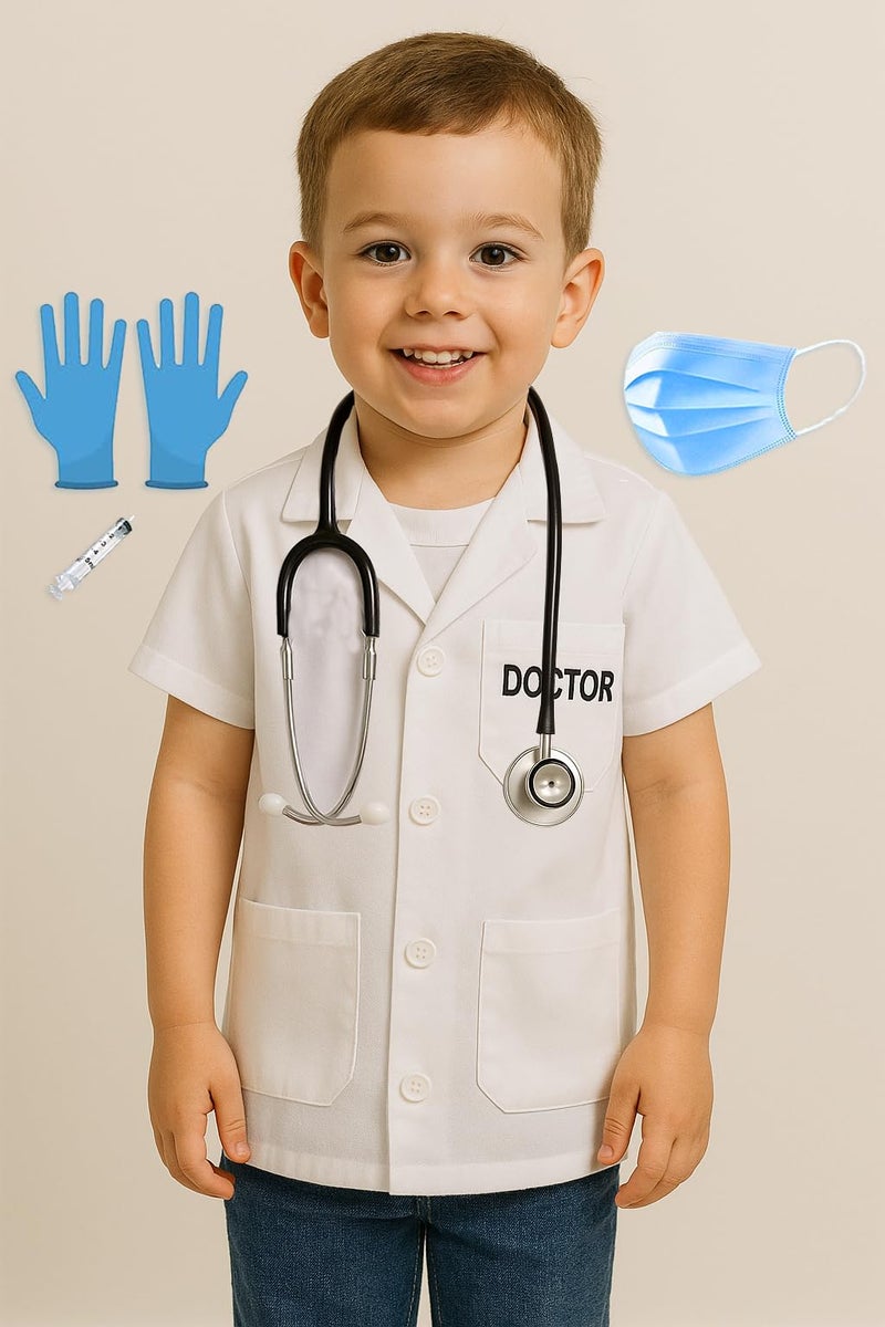 Fancy Agents Doctor dress for Kids, Lab Coat Costume for boys and girls, community helper, Scientists Dress Up with Dress, Stethoscope, mask, injection for Kids for fancy dress competition - Image 1