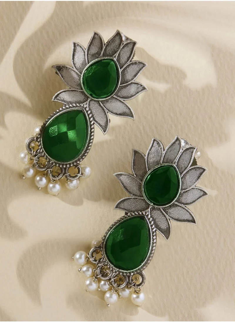 Priyaasi Emerald Stone Studded  Beaded Contemporary Drop Earrings