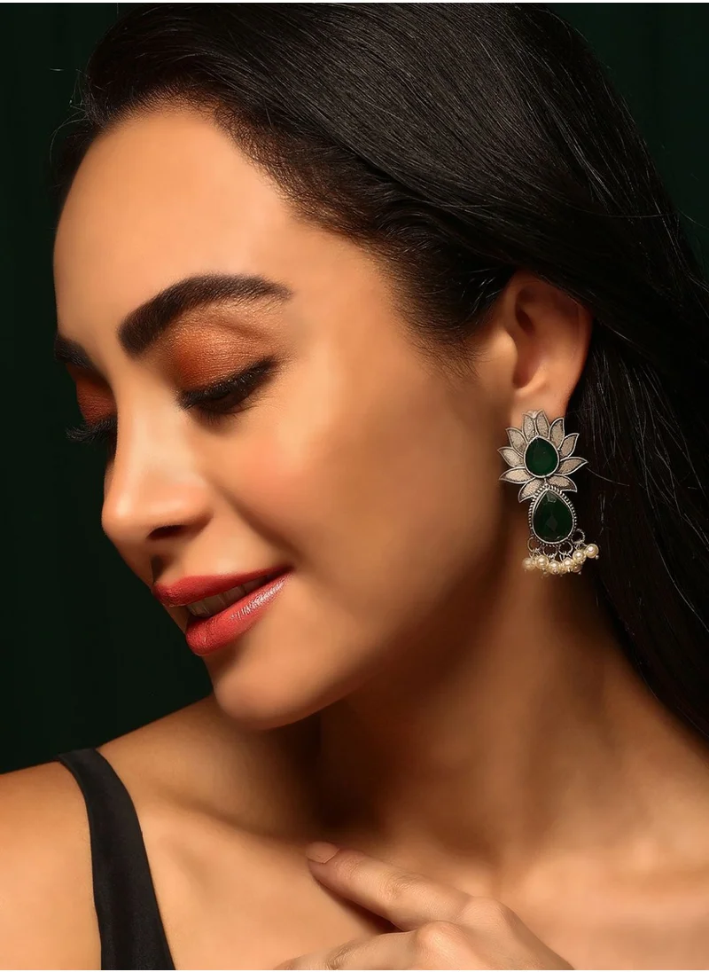 Priyaasi Emerald Stone Studded  Beaded Contemporary Drop Earrings