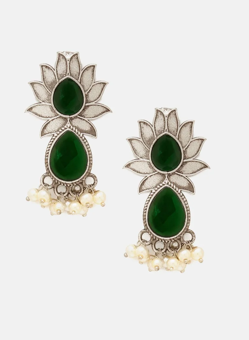 Priyaasi Emerald Stone Studded  Beaded Contemporary Drop Earrings