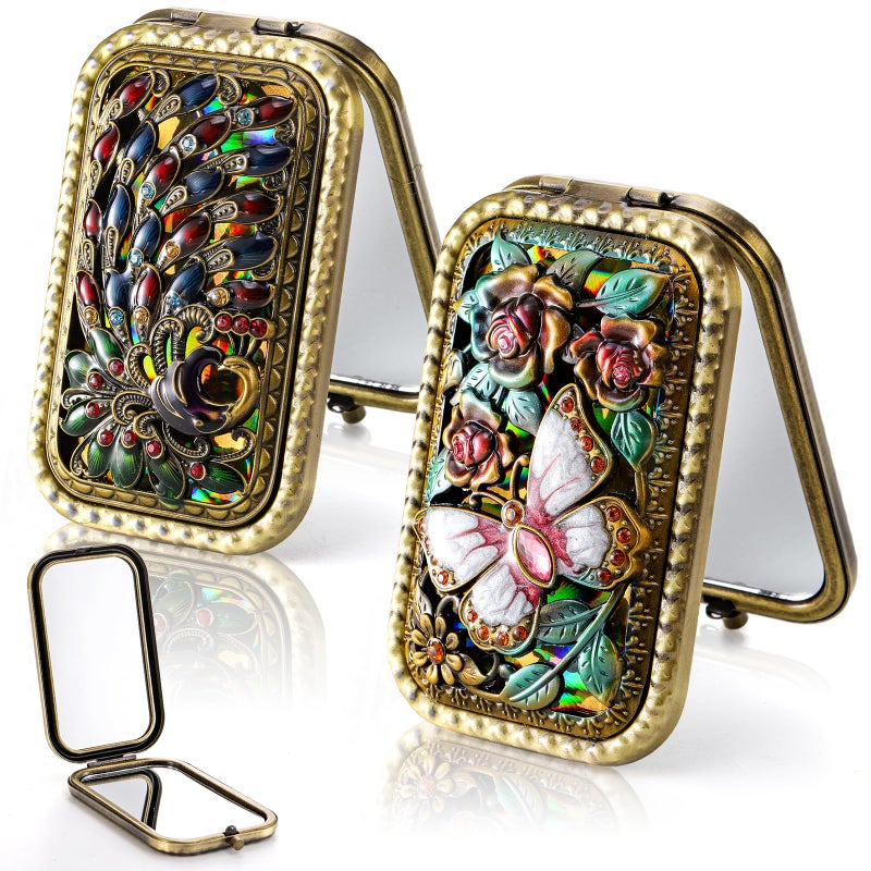 Eorbow 2 Pcs Vintage Foldable Makeup Mirror Portable Cosmetic Pocket Mirror Double Sided Butterfly Peacock Vanity Mirror Metal Compact Small Folding Travel Mirror for Woman Girls