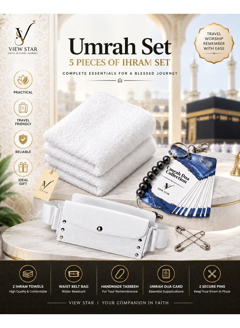 VIEW STAR Viewstar Ihram Set for Men – 5-Piece Hajj & Umrah Ahram Towel Set with Built-in Belt Bag, Ahram Bag, Umrah Dua Card, Tawaf Counter Tasbeeh & Secure Pins - Image 2