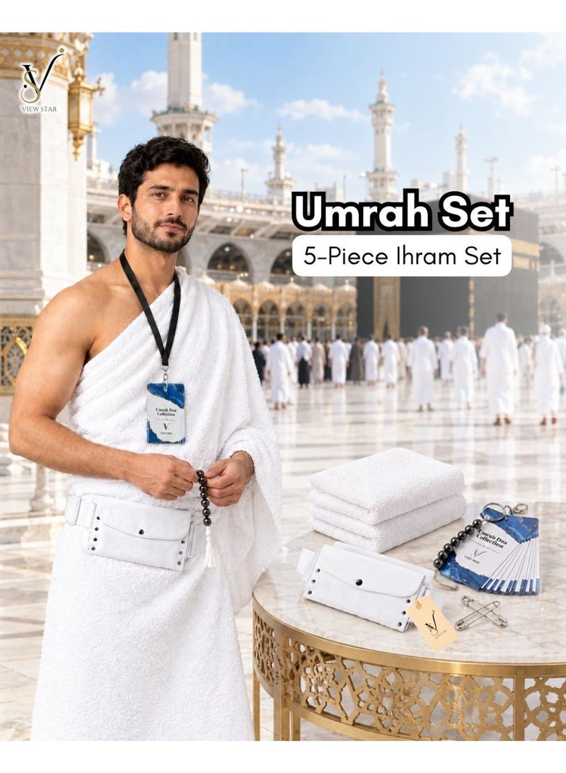 VIEW STAR Viewstar Ihram Set for Men – 5-Piece Hajj & Umrah Ahram Towel Set with Built-in Belt Bag, Ahram Bag, Umrah Dua Card, Tawaf Counter Tasbeeh & Secure Pins - Image 1