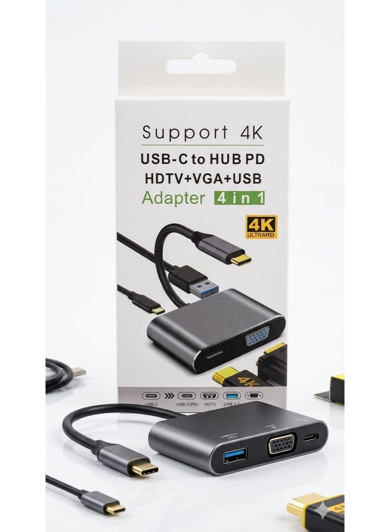 USB-C to Hub PD 4-in-1 Adapter, HDTV + VGA + USB 3.0, Supports 4K Ultra HD
