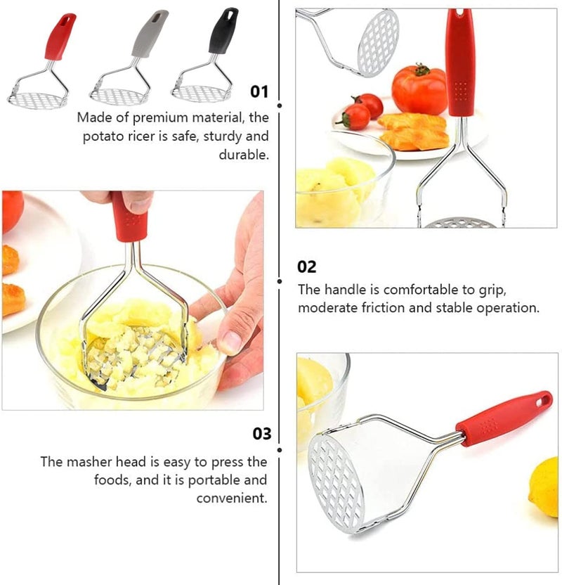 Krivety KRIVETY Potato Masher Stainless Steel Ricer Kitchen Gadget Non Slip Handle Utensil Mashed Vegetables Fruits Baby Food Heat Resistance Large Round Press Vegetable Sturdy Easy Use Cooking Grey - Image 5