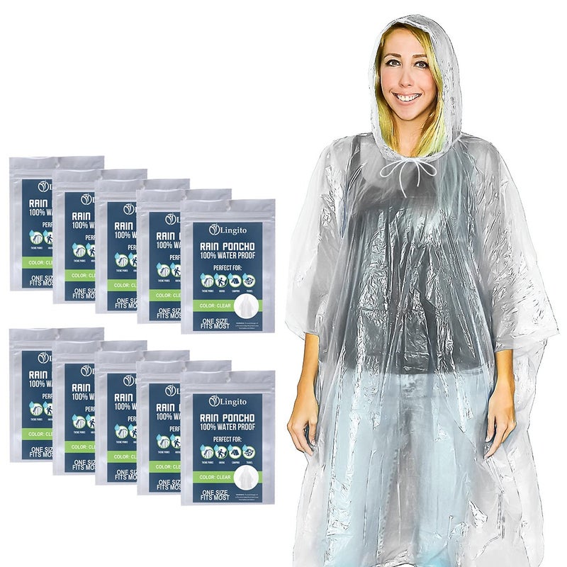 Lingito 10 Clear Emergency Rain Ponchos for Adults, Thicker, 100% Waterproof Emergency Rain Poncho- for Amusement Parks, Hikes, Camping and Concerts - Image 1