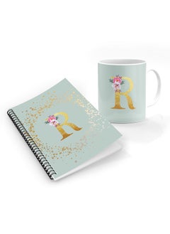 Stylizedd Designer Printed Coffee Mug + A5 Spiral Notebook Memo Notepad Journal Personalised Combo Gift Set  - Custom Monogram Initial Letter Floral Pattern Alphabet - R  ( Light Green )  - Image 1