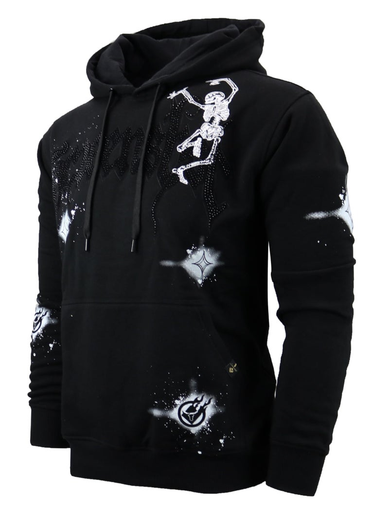 SCREENSHOT-H11521 Mens Urban Hip Hop Premium Streetwear Oversize Fit Fleece Hoodie - Rhinestone Black on Black Star Splashed Logo Embroidery Patch Pullover Sweatshirt-Black/Black-Medium - Image 1