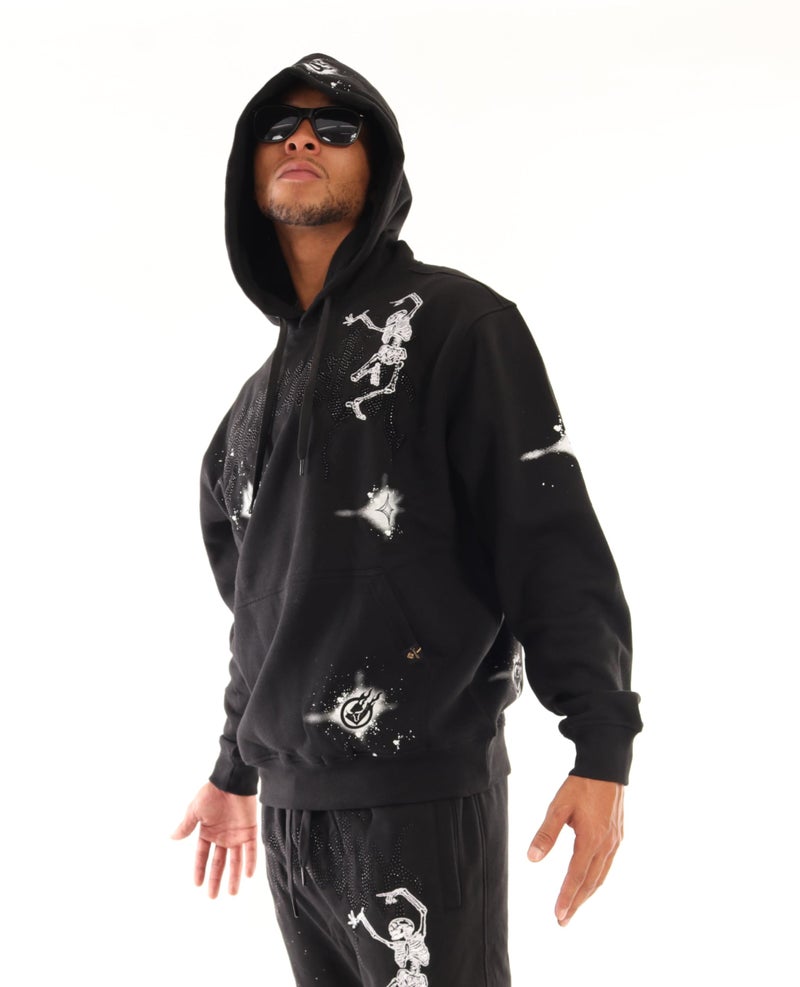 SCREENSHOT-H11521 Mens Urban Hip Hop Premium Streetwear Oversize Fit Fleece Hoodie - Rhinestone Black on Black Star Splashed Logo Embroidery Patch Pullover Sweatshirt-Black/Black-Medium - Image 2