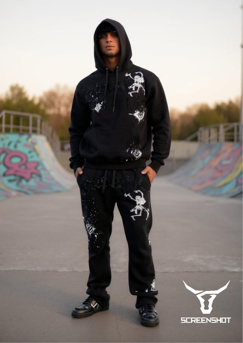 SCREENSHOT-H11521 Mens Urban Hip Hop Premium Streetwear Oversize Fit Fleece Hoodie - Rhinestone Black on Black Star Splashed Logo Embroidery Patch Pullover Sweatshirt-Black/Black-Medium - Image 3