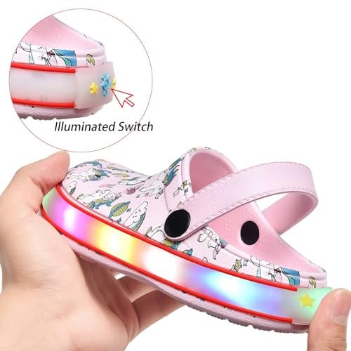 XPKWS Toddler Kids Clogs Boys Girls LED Garden Shoes Light up Sandals Slip on Quick Dry Beach Slippers (DJS-Pink,26) - Image 4