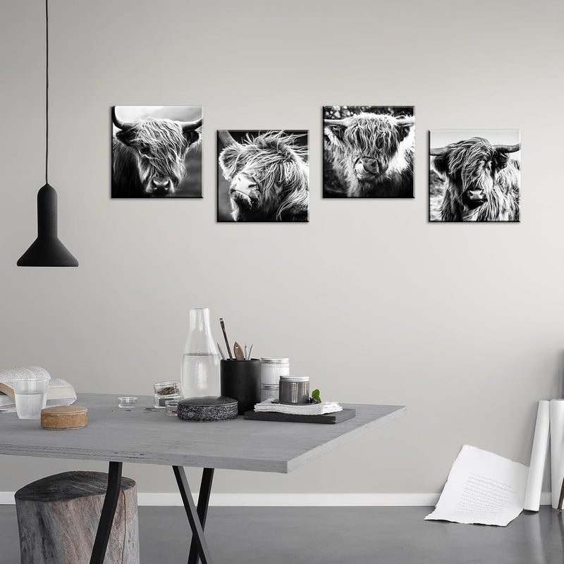DJSYLIFE Highland Cow Wall Art Farmhouse Decor Canvas Printed Black and White Cow Pictures Wall Decor Modern Western Rustic Artwork Decorations for Bedroom Office Living Room 12"×12"×4 - Image 2