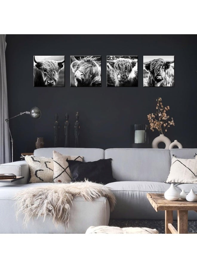 DJSYLIFE Highland Cow Wall Art Farmhouse Decor Canvas Printed Black and White Cow Pictures Wall Decor Modern Western Rustic Artwork Decorations for Bedroom Office Living Room 12"×12"×4 - Image 3