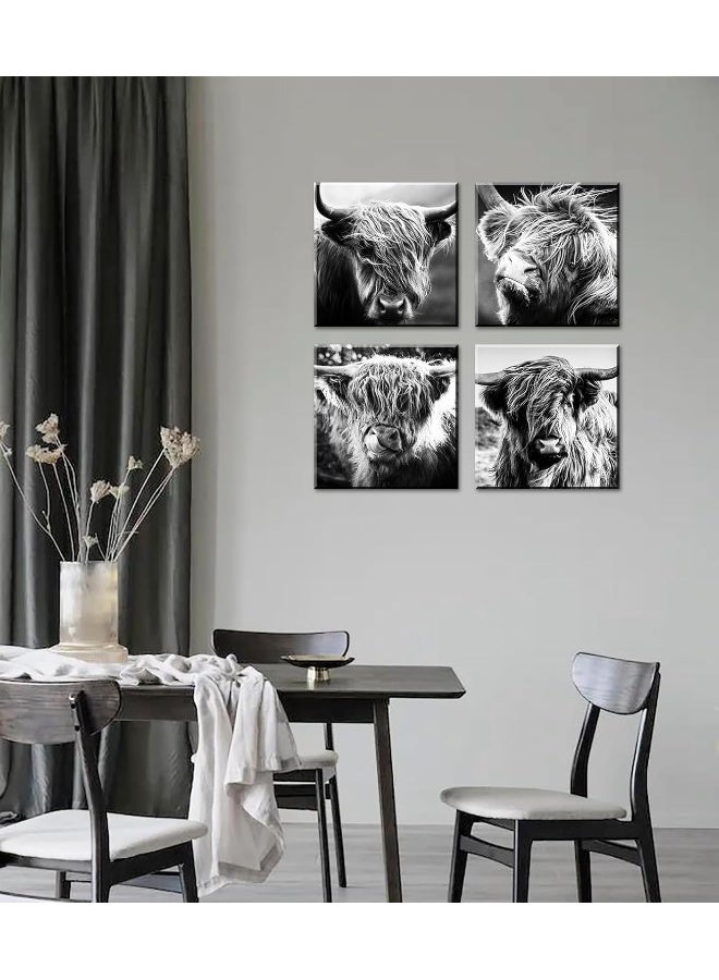 DJSYLIFE Highland Cow Wall Art Farmhouse Decor Canvas Printed Black and White Cow Pictures Wall Decor Modern Western Rustic Artwork Decorations for Bedroom Office Living Room 12"×12"×4 - Image 5