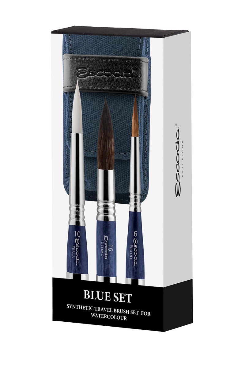 Escoda Escoda Artist Watercolor Travel Brush Set w Canvas Pouch 3 Short Handle Brushes Blue 