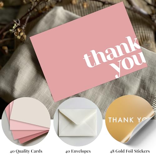 Paper Play Thank You Cards Bulk Pack of 40 Pink, 5x3.5 Inches with Matching Stickers & Envelopes, Minimalistic Design Suitable for Business, Baby Shower, Wedding, Small Business, Graduation, Funeral - Image 2