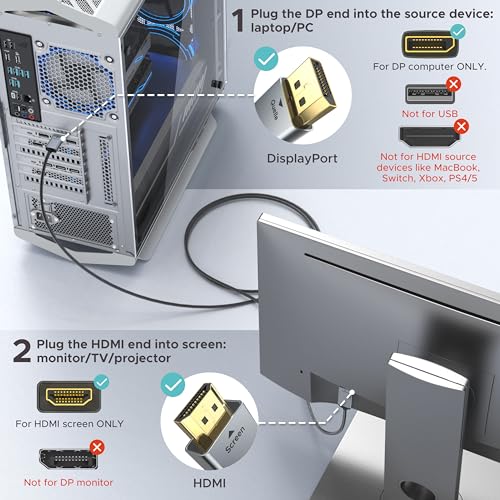 Warrky كابل WARRKY DisplayPort إلى HDMI 10 قدم [حالة معدنية، كابل نايلون] نقل أحادي الاتجاه DP 1.2 من الكمبيوتر إلى شاشة HDMI 1.4 متوافق مع Dell و HP و Samsung و PC و Laptop و Projector و TV – سلبي - Image 4