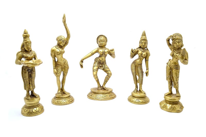 Two Moustaches Brass Apsara Showpieces Set of 5 Statues Decorative Items for Home Show Pieces for Home Decor Gifts for House Warming Ceremony Ethnic Home Decor Standard Pack of 5 - Image 1