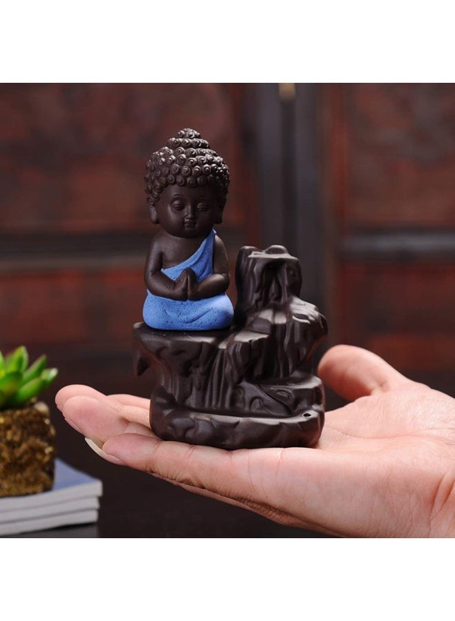 eCraftIndia Blue & Brown Meditating Monk Buddha Statue Smoke Backflow Cone Incense Holder Decorative Showpiece with 10 Free  Backflow Scented Cone Incenses for Home, Temple, Office Decor - Image 4