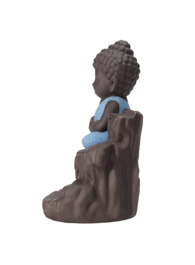 eCraftIndia Blue & Brown Meditating Monk Buddha Statue Smoke Backflow Cone Incense Holder Decorative Showpiece with 10 Free  Backflow Scented Cone Incenses for Home, Temple, Office Decor - Image 3