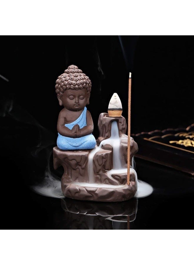 eCraftIndia Blue & Brown Meditating Monk Buddha Statue Smoke Backflow Cone Incense Holder Decorative Showpiece with 10 Free  Backflow Scented Cone Incenses for Home, Temple, Office Decor - Image 1