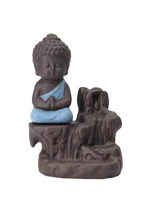 eCraftIndia Blue & Brown Meditating Monk Buddha Statue Smoke Backflow Cone Incense Holder Decorative Showpiece with 10 Free  Backflow Scented Cone Incenses for Home, Temple, Office Decor - Image 2