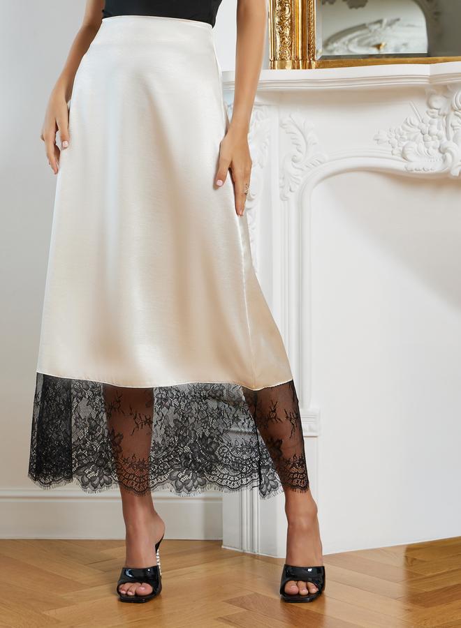 Styli Cream A-Line Maxi Skirt with Lace Trim - Image 2
