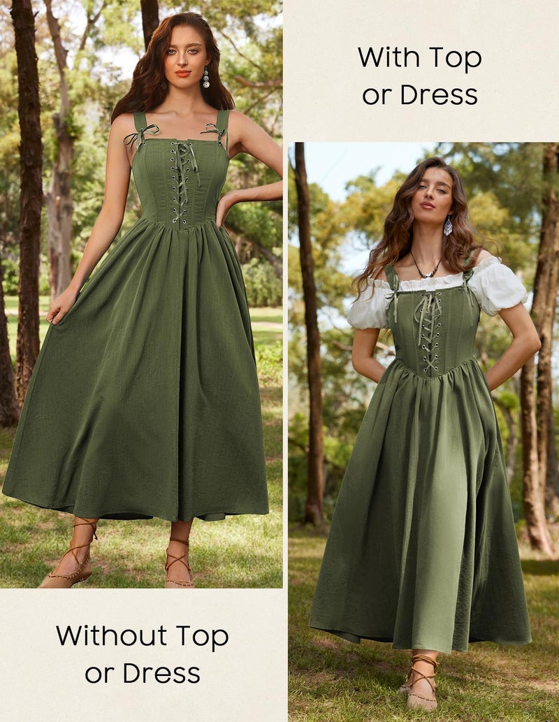 Scarlet Darkness Cottagecore Dress Corset Fsihbone Renaissance Dress Women Sleeveless Long Lace Up Gown Green L - Image 4