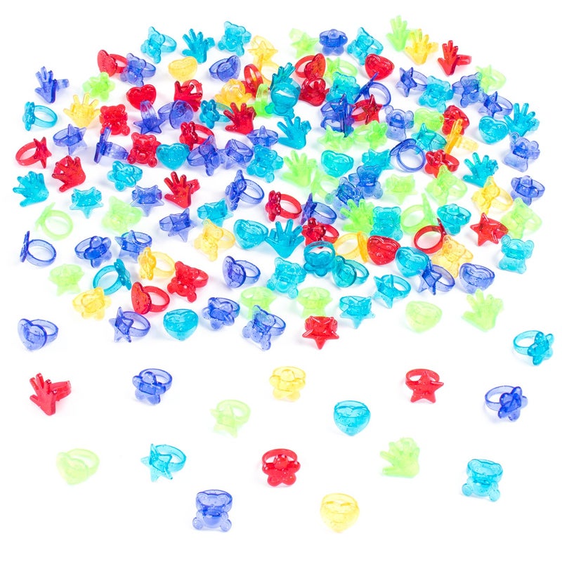 Super Z Outlet Colorful Assorted Plastic Glitter Toy Rings | Bag of 144 Rings (Hearts, Bears, Stars, Hands & Flowers) | Use As Party Favors, Cake Toppers, in Goody Bags, PiÃ±atas, Arts, Crafts & More - Image 1