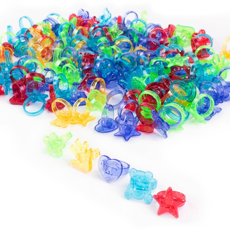 Super Z Outlet Colorful Assorted Plastic Glitter Toy Rings | Bag of 144 Rings (Hearts, Bears, Stars, Hands & Flowers) | Use As Party Favors, Cake Toppers, in Goody Bags, PiÃ±atas, Arts, Crafts & More - Image 2