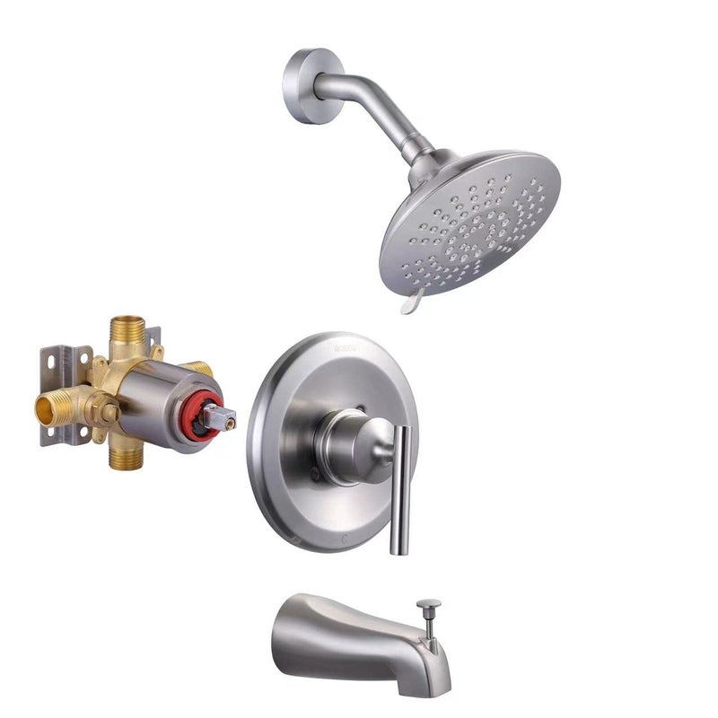 WOWOW Brushed Nickel Shower Tub Kit Brass Shower Faucet Set with Tub Spout and 6Inch Rain Shower Head Single Handle Tub and Shower Trim Kit Shower Valve Include - Image 2