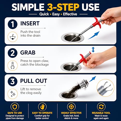 Blushinsta ABS and Stainless Steel Hair Catching Drain Cleaner Wire Spring Sink Cleaning Stick (162cm ; Red) - Image 3