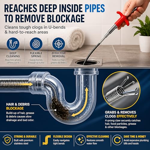 Blushinsta ABS and Stainless Steel Hair Catching Drain Cleaner Wire Spring Sink Cleaning Stick (162cm ; Red) - Image 5