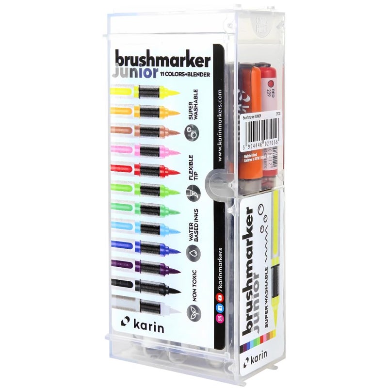 Karin Brushmarker PRO Junior 12pc Set Safe Super Washable Markers with 11 Vibrant Colors Blender Brush Tip Markers for Kids and Adults 12 Waterbased Brush Markers for Budding Artists