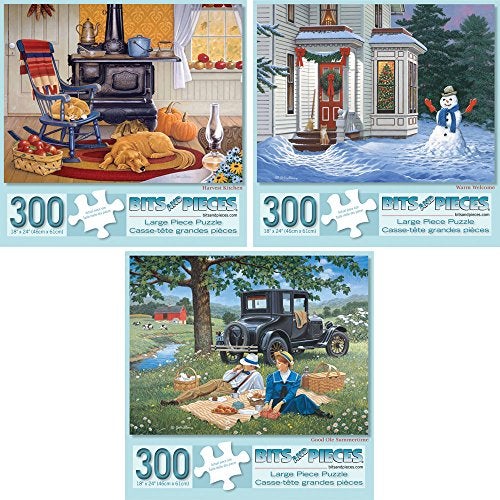 Bits and Pieces – Value Set of Three Large 300 Piece Jigsaw Puzzles for Adults – Seasons Themed Jigsaw Puzzles Designed by Artist John Sloane, Completed Puzzle Size: 18" x 24" - Image 1
