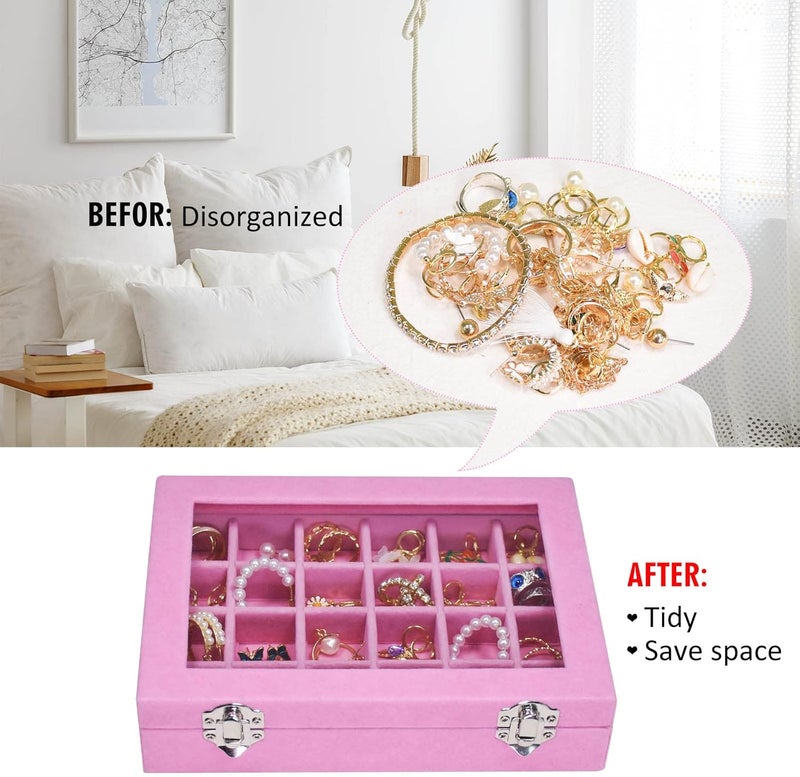 Vicoter Velvet Jewelry Box 24 Grid Jewelry Ring Display Organiser Box Tray Holder Earrings Storage Case for Girls Wife Mom Women (Pink) - Image 5