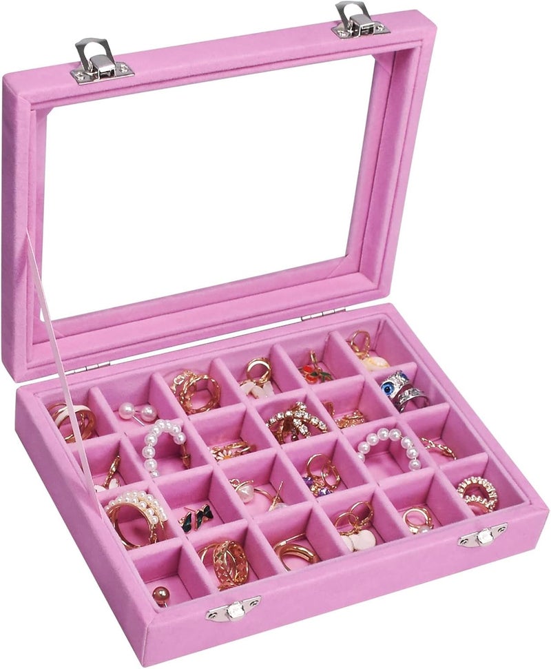 Vicoter Velvet Jewelry Box 24 Grid Jewelry Ring Display Organiser Box Tray Holder Earrings Storage Case for Girls Wife Mom Women (Pink) - Image 1
